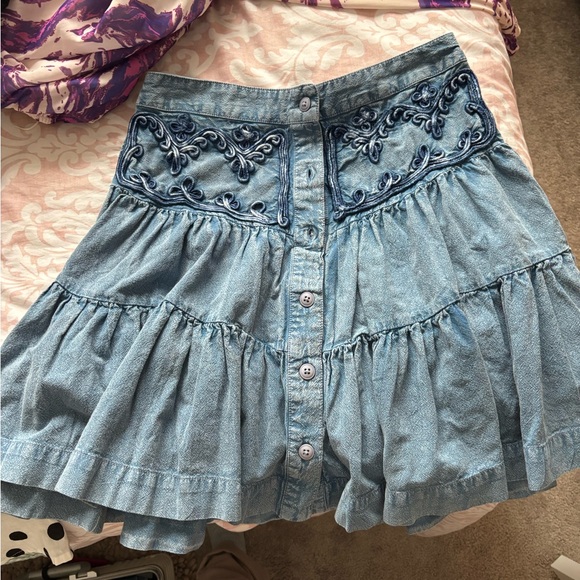 Free People Dresses & Skirts - Free People Blue Embroidered Tiered Mini Skirt